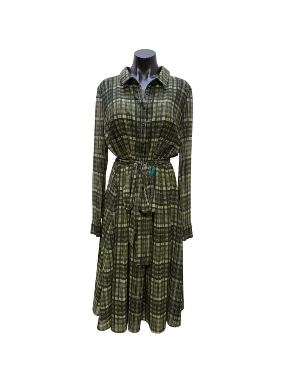 Gal Meets Glam Green Plaid Belted Midi Shirt Dress Size 14